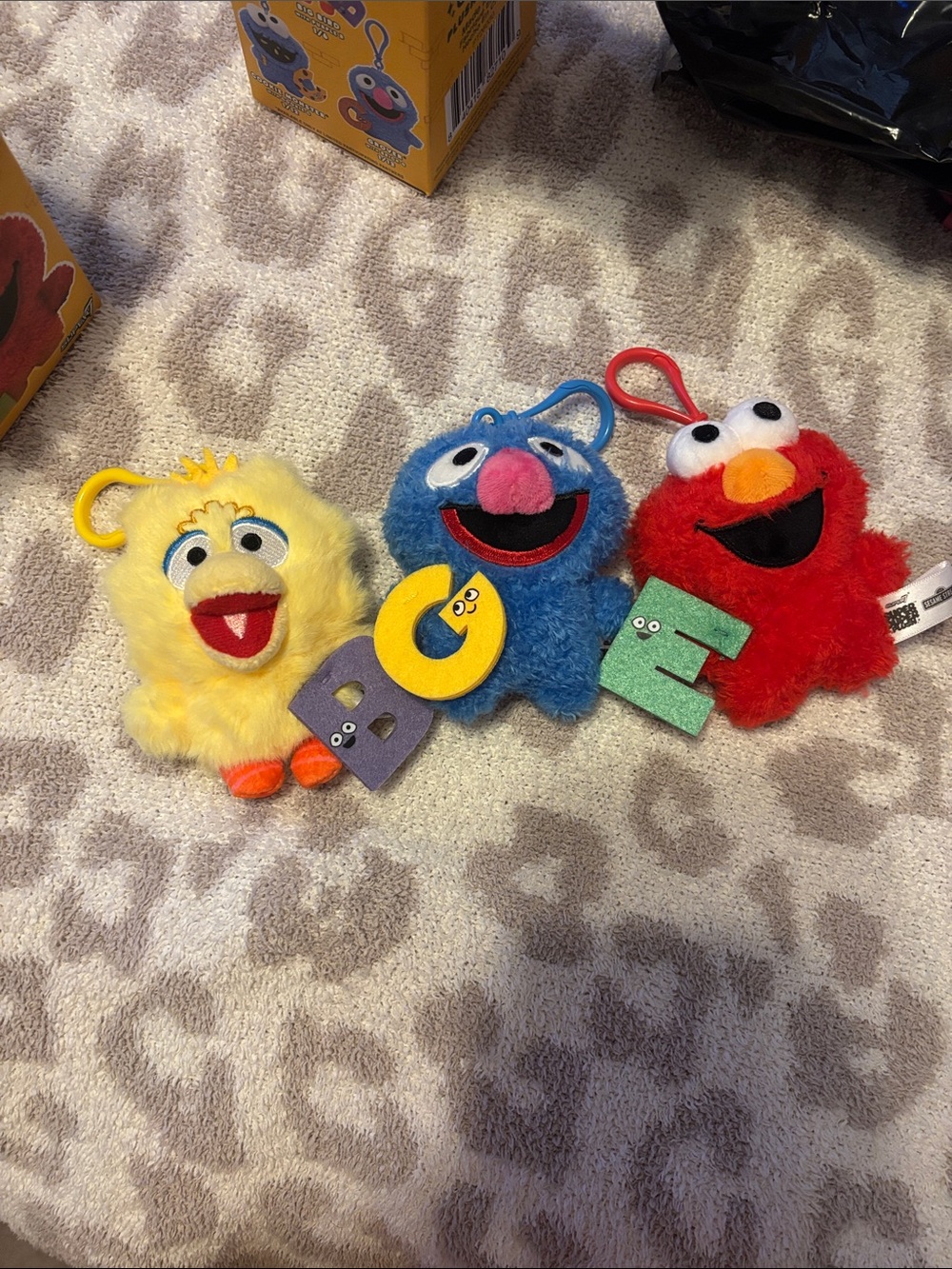 Opened Sesame Street Super Duper Plush bag charm keychains- set of 3